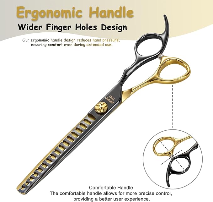 7'' Professional Chunker Dog Grooming Scissors with Decorative Screw Sharp and Durable Black and Golden 440C Stainless Steel Dog Texturizing Thinner Shears Easy Use for Groomers and Beginners.