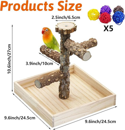 BNOSDM Portable Bird Perch Stand with Potty Tray, Natural Wood Tabletop Training Gym Parrot Playground Toy for Budgies, Cockatiels, Lovebirds,Conures Canaries