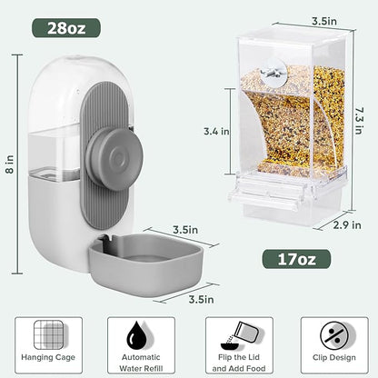 No Mess Bird Feeder & Water Dispenser Set - Automatic Feeding & Hydration, Parakeet Cage Accessories for Parrots, Cockatiels, Finches, Lovebirds & Budgies