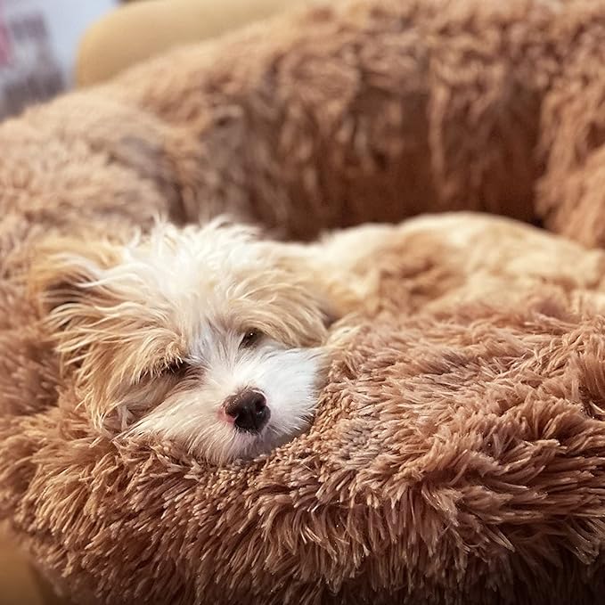nononfish Small Puppy Beds for Small Dogs Washable - 19 Inches Round Faux Fur Pet Bed for Puppy and Cat Donut Fluffy Plush Orthopedic Doggy Beds Relief Improved Sleeping,Camel