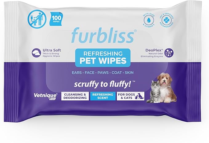 Vetnique Furbliss Hygienic Pet Wipes for Dogs & Cats, Cleansing Grooming & Deodorizing Hypoallergenic Thick Wipes with All Natural Deoplex Deodorizer (Refreshing Scent, 100ct Pouch)