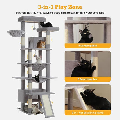 81" Heavy Duty Cat Tree for Large Cats up to 20lbs - Extra Tall Cat Tower with Metal Frame Hammock, 6 Sisal Scratching Posts, 2 Perches - Indoor Cat Furniture for Maine Coon, Big Cats, Gray