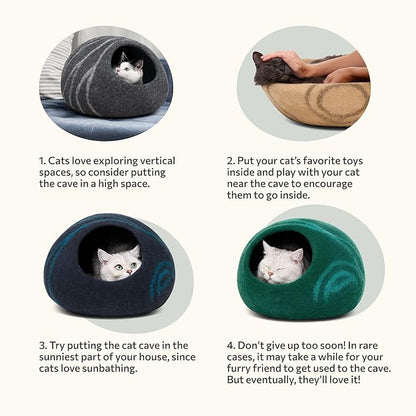 MEOWFIA Cat Cave  Premium Felt Cat Bed for Indoor Cats, Handmade 100% Merino Wool (Large, Emerald)