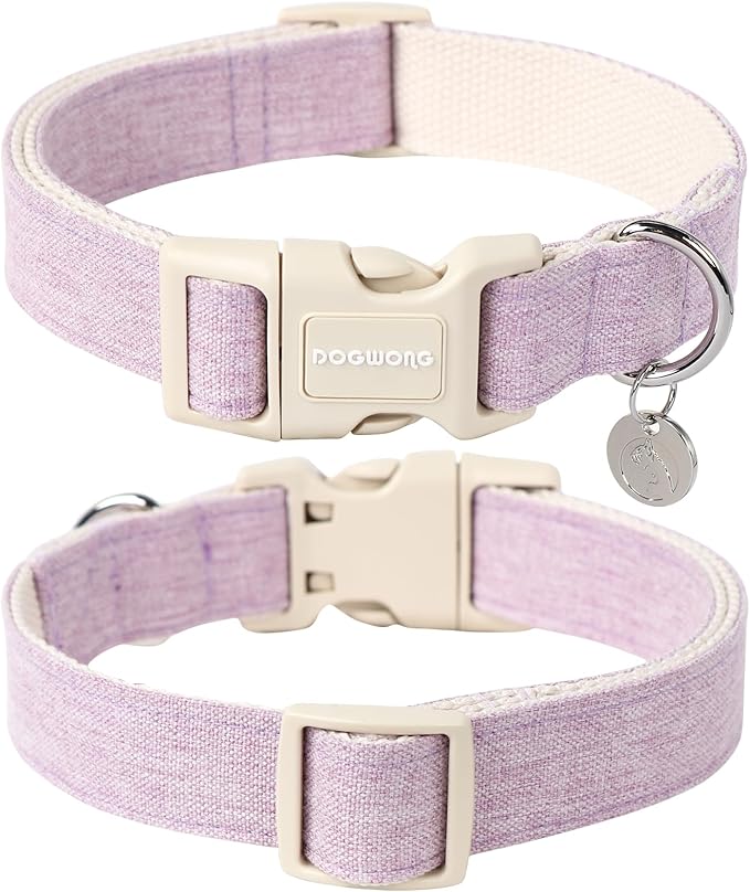 DOGWONG Cotton Hemp Dog Collar - Heavy-Duty Adjustable Soft Natural Fabric Pet Collar, Cute Wedding Puppy Necklace for Small Medium Large Dogs (Purple)