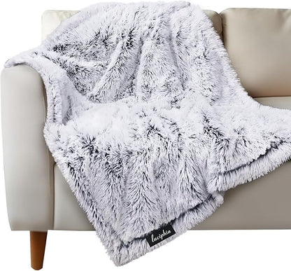 Luciphia Large Waterproof Dog Blanket Pet Washable Liquid Proof Furniture Protector Medium Shaggy Plush Calming Long Faux Fur Bed Cover for Couch Cat Blankets Kitten Doggy, Mist Grey, 40" x 50"