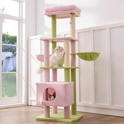 Gardner Pet 65in Heavy Duty Cat Tree Tower for Large Cats, Multi-Level Cat Furniture with Replaceable Sisal Scratching Post, Hammock | Extra-Large Platform & Condo (Pink&Green, Basic φ:2.84")