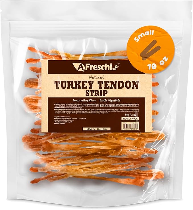 Afreschi Natural Turkey Tendon Strip 10oz, Turkey Sourced from USA, All Natural Puppy Chew, Hypoallergenic, Rawhide Alternative