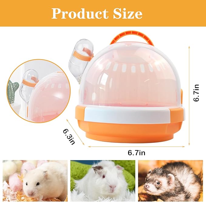Hamster Carrier Cage with Water Bottle,Portable Dwarf Hamster Travel Carrier Plastic Guinea Pig Carrier Small Animal Breathable Outdoor Cage for Hamsters Chinchillas Hedgehog (Orange)