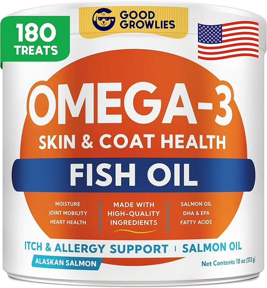 Omega 3 Fish Oil for Dogs (180Ct) - Skin&Coat Chews - Dry & Itchy Skin Relief + Allergy Support - Shiny Coat - EPA&DHA Fatty Acids - Alaskan Salmon Oil Chews Promotes Heart