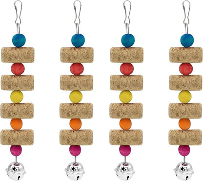 4Pcs Bird Chewing Toy, Parrot Cork Gnawing Skewers With Bell, Hanging Colorful Wooden Bead Cockatiels Beak Trimming for Birdcage (Four Packs-Bell Parrot Toy)
