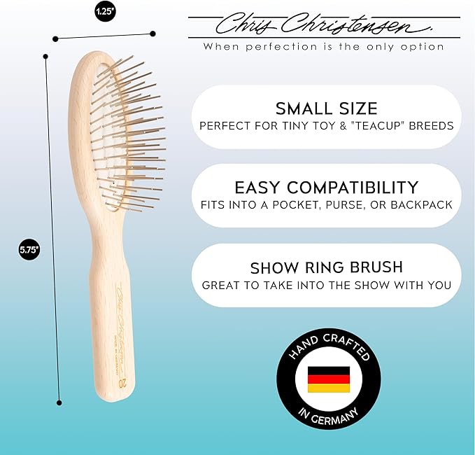 Chris Christensen Dog Brush, 5.75 inch Little Wonder Pin Brush (20mm), Original Series, Groom Like a Professional, Stainless Steel Pins, Lightweight Beech Wood Body, Ground and Polished Tips