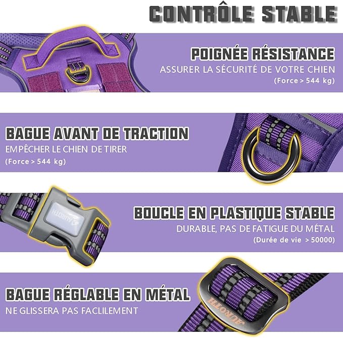 AUROTH Tactical Dog Harness for Large Dogs No Pull Adjustable Pet Harness Reflective K9 Working Training Easy Control Pet Vest Military Service Dog Harnesses Purple XL