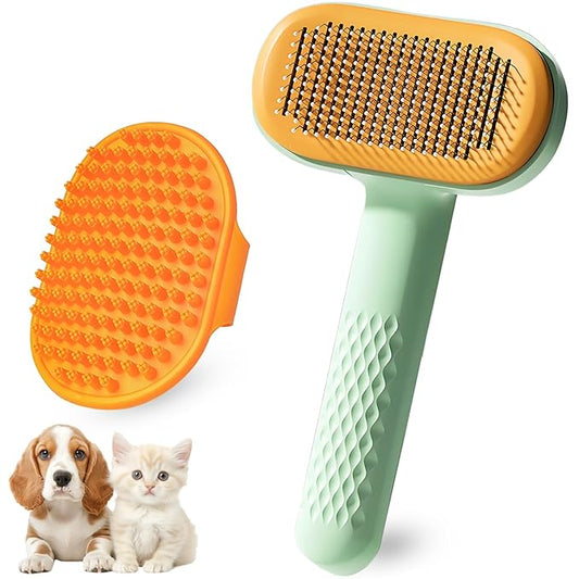 Dog Brush for Shedding & Grooming, Self Cleaning Slicker Brushes with Bath Brush for Shot Long Haired Dogs Cats, Cat Deshedding Brushes Puppy Pet Grooming Undercoat Comb for Sensitive Skin