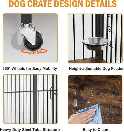 39.8 Inch Dog Crate Furniture, Dog Cages with Adjustable Feeder Height, Ideal for Medium Dogs, Equipped with 360-Degree Swivel Casters for Smooth Mobility, Rustic Brown