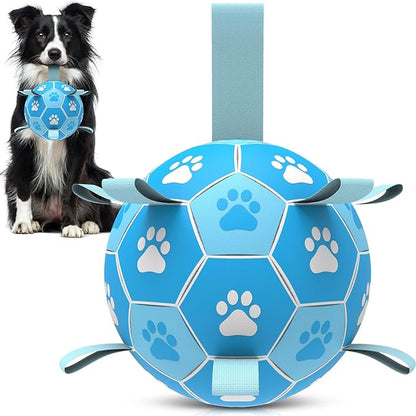 QDAN Dog Toys Balls Dog Soccer Ball with Straps, Dog Balls for Tug of War, Interactive Dog Toys, Dog Birthday Gifts, Durable Dog Water Toy for Small Medium Dogs（6 Inch）