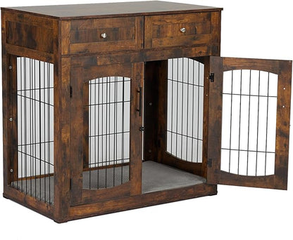 Dog Crate Furniture with Double Drawers, Wooden End Table Dog Kennel, Furniture Style Wood House Crate for Large Dogs, Decorative Dog Crate with Storage for Large Breed, 40 Inch Retro