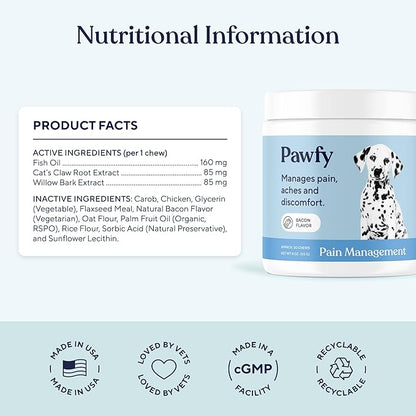 Pawfy Advanced Pain Management - Essential Vitamins & Supplements with Omega 3 |Joint Supplement for Dogs - Supports Hip & Joint Health for Small, Medium, Large Breeds | 30 Fast-Acting Chews