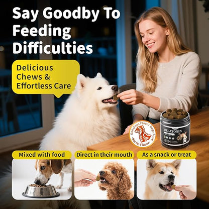 Melatonin for Dogs, Calming Chews with Valerian Root & L-Theanine for Sleep Aid & Emotional Support, Calming Treats for Stress Anxiety Relief - Thunder, Fireworks, Barking, Bacon Flavor, 60Ct