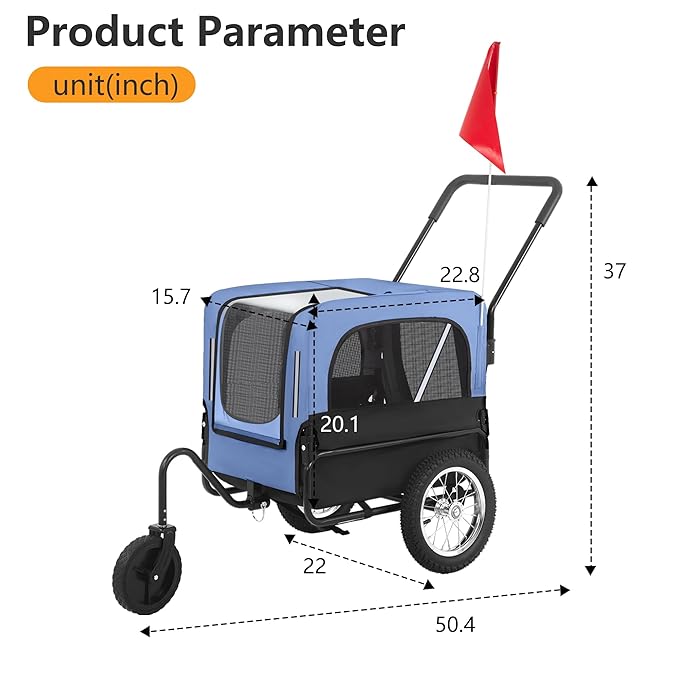 FDW Dog Stroller 2-in1 Dog Bike Trailer Pet Stroller Bicycle Carrier with Hitch Suspension Visibility Flag & Reflectors for Small Medium & Large Dogs (Blue)