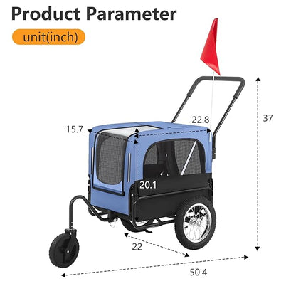 FDW Dog Stroller 2-in1 Dog Bike Trailer Pet Stroller Bicycle Carrier with Hitch Suspension Visibility Flag & Reflectors for Small Medium & Large Dogs (Blue)
