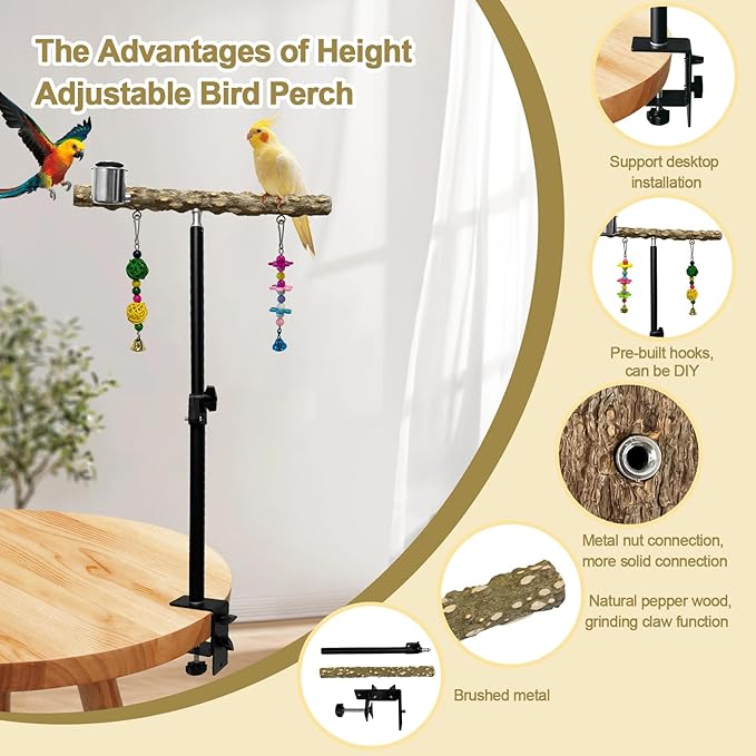 18-27 Inch Height Adjustable Bird Perch Pepper Wood Desktop Bird Training Perch Stand with Feeding Cups and Swing Toy Parakeet Perches Indoor and Outdoor Parrot Stand for Small to Medium Birds