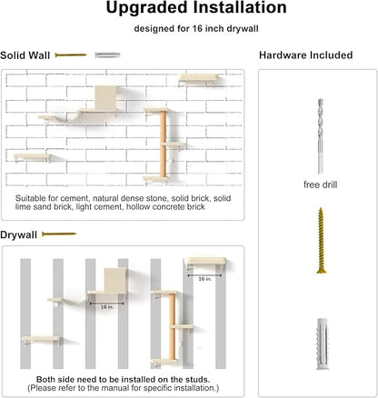 FUKUMARU Cat Wall Shelves, Stable & Safe 4 in 1 Large Cat Walls Furniture Set, Wooden Kitten Climbing Wall with Scratching Post for 16 Inch Drywall - Beige