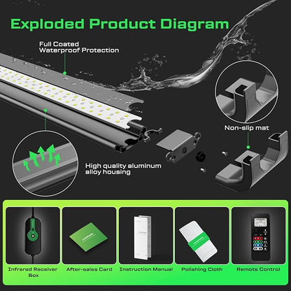LED Aquarium Light with Remote, IP67 Waterproof Freshwater Planted Grow Light, Full Spectrum Fish Tank Light with Timer, Dimmable RGB+W, Upgrade Appearance, High Performance (12-17inch)