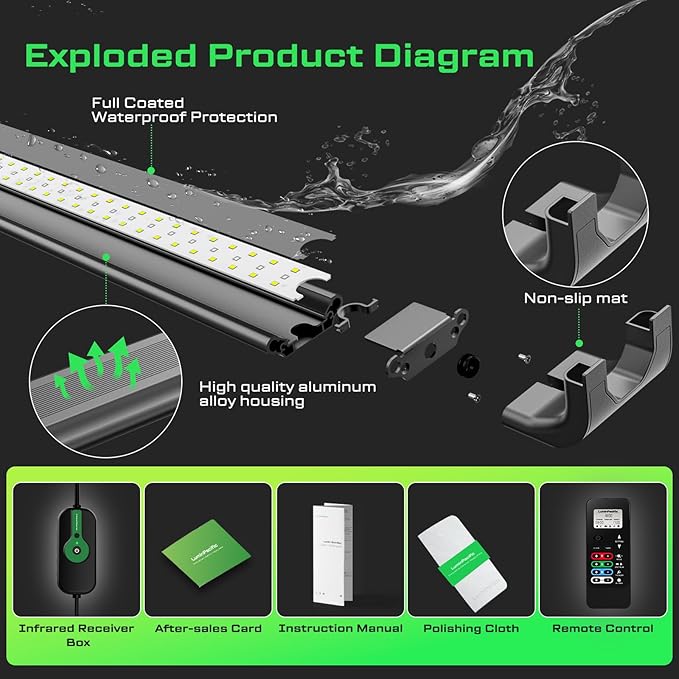 LED Aquarium Light with Remote, IP67 Waterproof Freshwater Planted Grow Light, Full Spectrum Fish Tank Light with Timer, Dimmable RGB+W, Upgrade Appearance, High Performance (36-41inch)