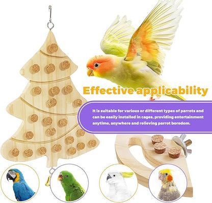 2 Pcs Bird Chew Toy Wooden Foraging Toys, Hanging Wooden Puzzle Foraging,Parrot Cork Stopper Toys Birds Feeding Toy,2 Pcs Bird Cage Food Holder Fruit, for Small and Medium Parrots(E)