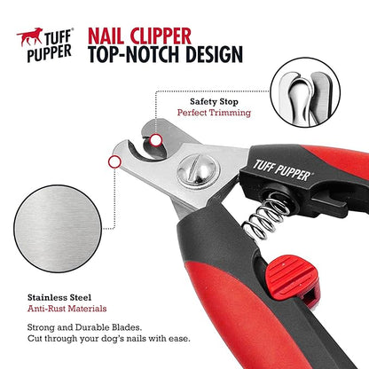 Tuff Pupper Dog Nail Clipper | Bonus Free Nail File | Razor Sharp Stainless Steel Blades | Protective Safety Guard Prevents Over-Cutting | Sturdy Non Slip Handles for Safe Grooming | Medium Large Dogs