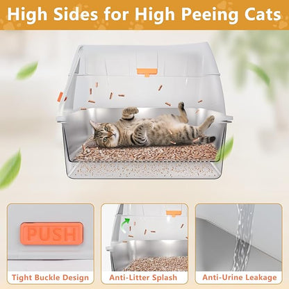 ELEGX Pine Litter Sifting Cat Litter Box, 4-in-1 Cat Metal Litter Box Set,Enclosed Removable Metal Litter Box with Screen Mesh,High Sided Enclosure,Mat & Scoop (Grey)