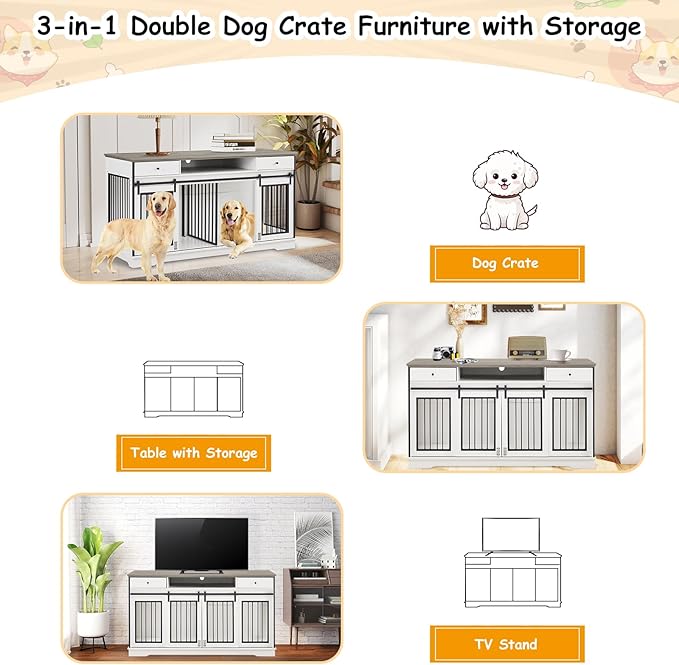 3-in-1 Double Dog Crate Furniture, 66.1 Inch White Furniture Kennel for Large Dogs with Divider, Dog Kennel Dog Crates TV Stand with 2 Drawers and Sliding Doors