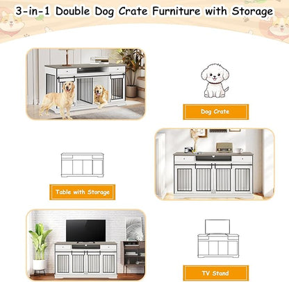 3-in-1 Double Dog Crate Furniture, 66.1 Inch White Furniture Kennel for Large Dogs with Divider, Dog Kennel Dog Crates TV Stand with 2 Drawers and Sliding Doors