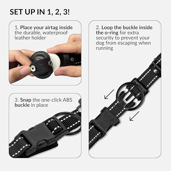 Airtag Dog Collar, CollarDirect, Reflective Dog Collar for Apple Air Tag for Large, Medium, and Small Dogs, Black, Size L