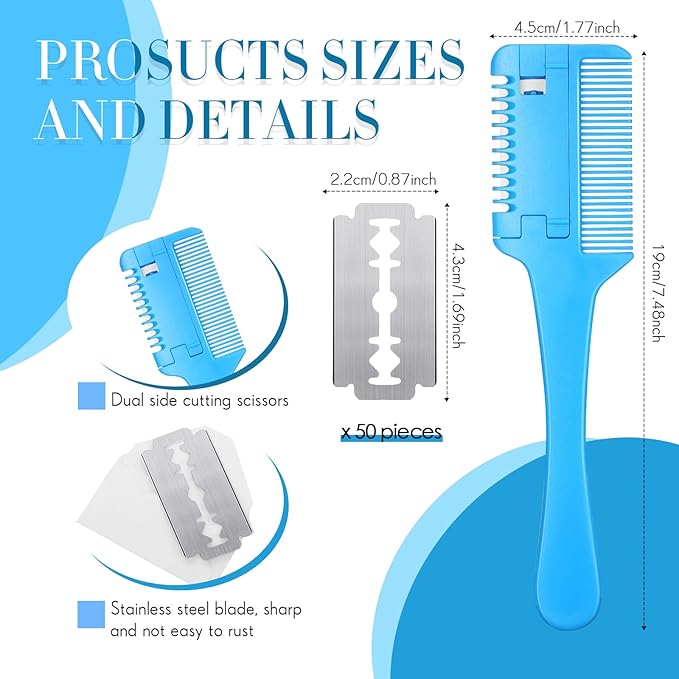 3 Pcs Pet Grooming Razor Comb with 50 Replacement Blades - Double Sided Hair Trimmer, Cutter and Scissors Tool for Dogs and Cats(Pink, Blue, Purple)