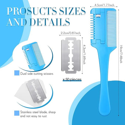 3 Pcs Pet Grooming Razor Comb with 50 Replacement Blades - Double Sided Hair Trimmer, Cutter and Scissors Tool for Dogs and Cats(Pink, Blue, Purple)