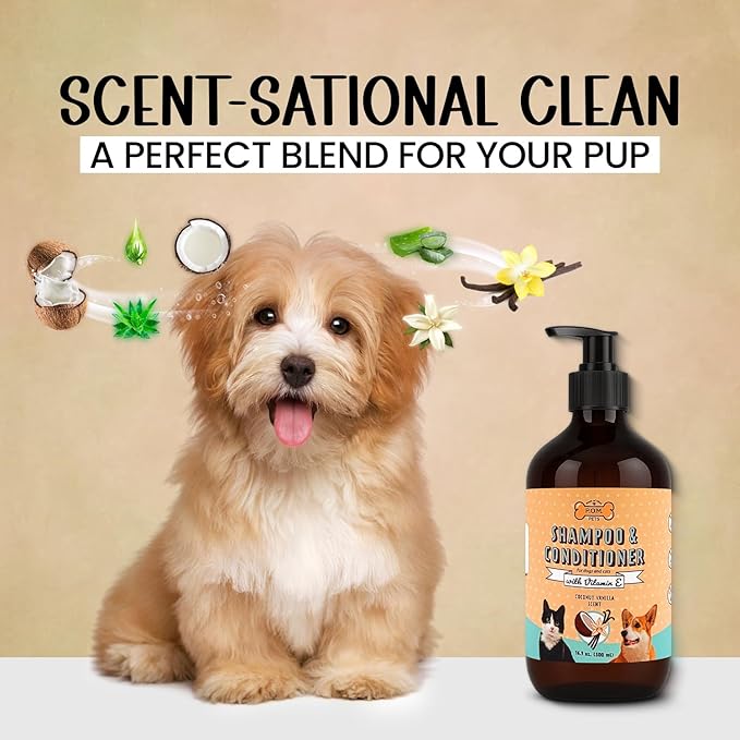 POM Pets 2-in-1 Organic Dog Shampoo & Conditioner – Itchy Skin Relief, Dog Deshedding, Detangles Fur, Cat Shampoo, Paw Cleaner for Dogs, Natural Coat Defense Formula