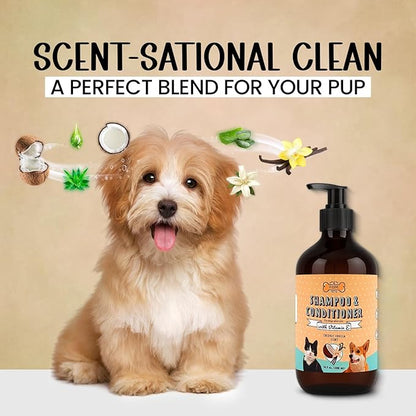 POM Pets 2-in-1 Organic Dog Shampoo & Conditioner – Itchy Skin Relief, Dog Deshedding, Detangles Fur, Cat Shampoo, Paw Cleaner for Dogs, Natural Coat Defense Formula