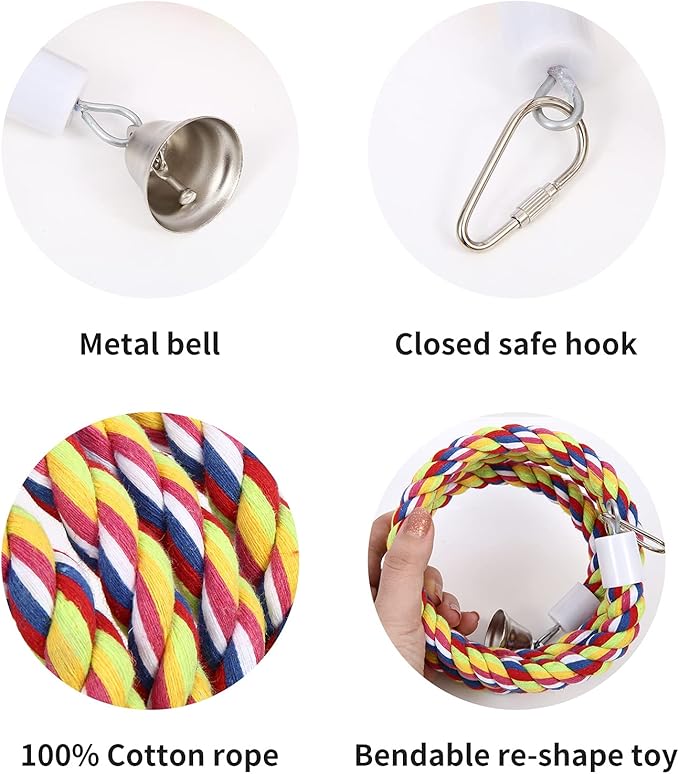 63'' Bird Rope Perches Birdcage Swing Toys 100% Cotton Natural Bird Perch Peck/Chewing with Bell Climbing Standing Bungee Parrot Toys for Small to Regular Size Parrot Cockatiel Birds