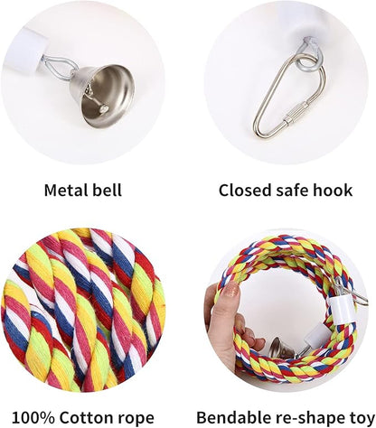 63'' Bird Rope Perches Birdcage Swing Toys 100% Cotton Natural Bird Perch Peck/Chewing with Bell Climbing Standing Bungee Parrot Toys for Small to Regular Size Parrot Cockatiel Birds