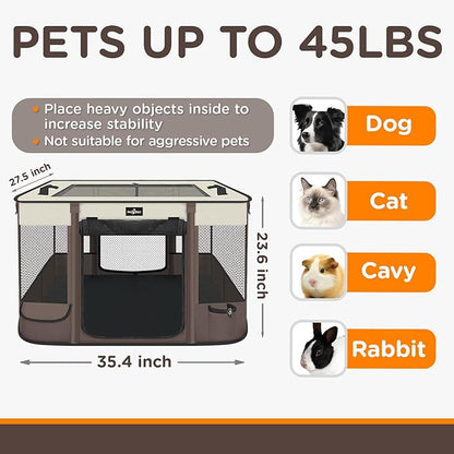 Foldable Pet Kitten Playpen, Upgrade Waterproof Portable Cat Dog Playpen Kennel Tent for Small Dog Cat, Removable Shade Cover, Come with Free Carrying Case, Indoor Outdoor Use for Small Pet, Brown