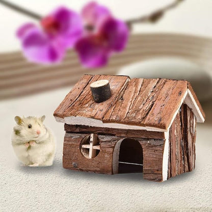 Hypeety Natural Wooden Hamster House Cage Small Animals House with Chimney for Pet Rats Gerbil Hideout Play House (S)