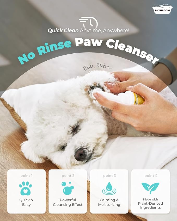 [PETHROOM] CleanPaws Foaming No-Rinse Dog Paw Wash | Quick-Dry, Non-Sticky & Deodorizing | Silicone Bristle Brush | Moisturizing & Hypoallergenic | Waterless Paw Cleaner for Dogs & Cats (2.87 fl oz.)