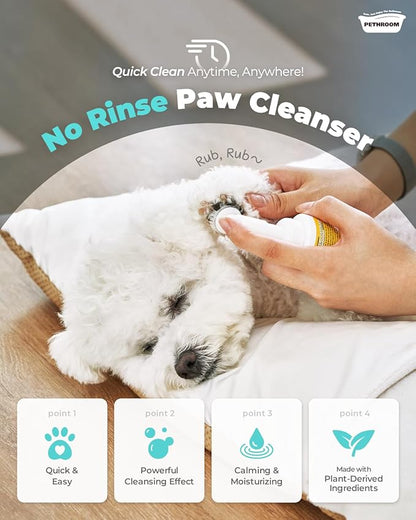 [PETHROOM] CleanPaws Foaming No-Rinse Dog Paw Wash | Quick-Dry, Non-Sticky & Deodorizing | Silicone Bristle Brush | Moisturizing & Hypoallergenic | Waterless Paw Cleaner for Dogs & Cats (2.87 fl oz.)