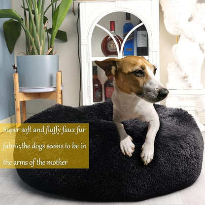 Dog Beds for Medium Dogs Washable Calming Bed for Dogs 30 Inches Black Fluffy and Soft Dog Bed Calm and Anti Anxiety Faux Fur Round Medium Sized Pet Bed for Dog