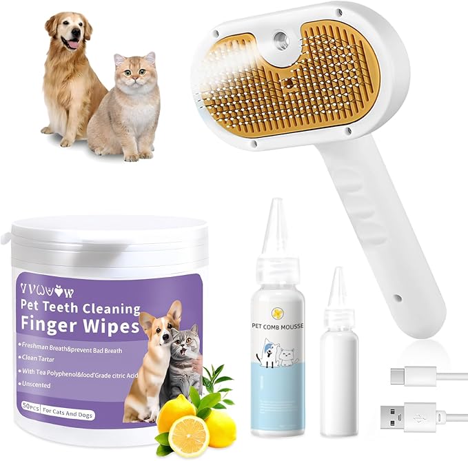 Pet Steam Brush for Dog & Cat  3-in-1 Spray Hair Removal Comb  Steam Brush for Shedding & Grooming  Spritz Defur Comb  Includes Waterless Shampoo & Dental Wipes