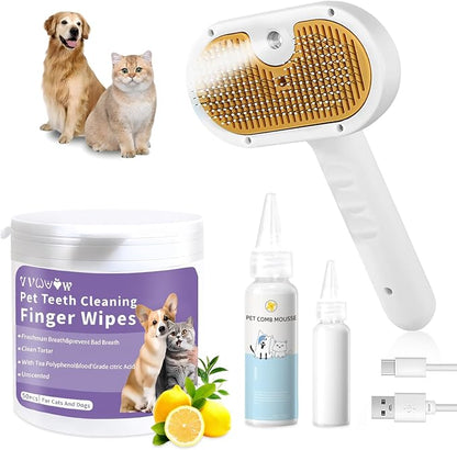 Pet Steam Brush for Dog & Cat  3-in-1 Spray Hair Removal Comb  Steam Brush for Shedding & Grooming  Spritz Defur Comb  Includes Waterless Shampoo & Dental Wipes