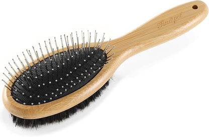 Double Sided Dog Brush Pin and Boar Bristle Pet Grooming Comb for Long or Short Haired Dogs and Cats Removing Shedding Tangles and Dead Undercoat