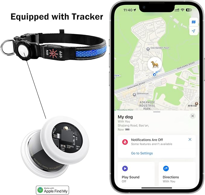 AirTag Pet Dog Tracker Collar & Equipped with Tracker; LED Light Up Collar;Built-in QR Dog Tag & AirTag Holder; No Monthly Fees; Adjustable Size (Blue Color).