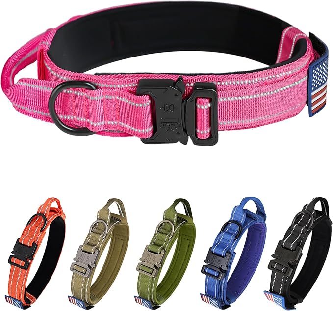 KCUCOP Tactical Dog Collar, Heavy Duty Dog Collar with Handle and Metal Buckle, Military Thick Dog Collars for Medium and Large Dogs(Pink-L-Reflective, 1 Patch)